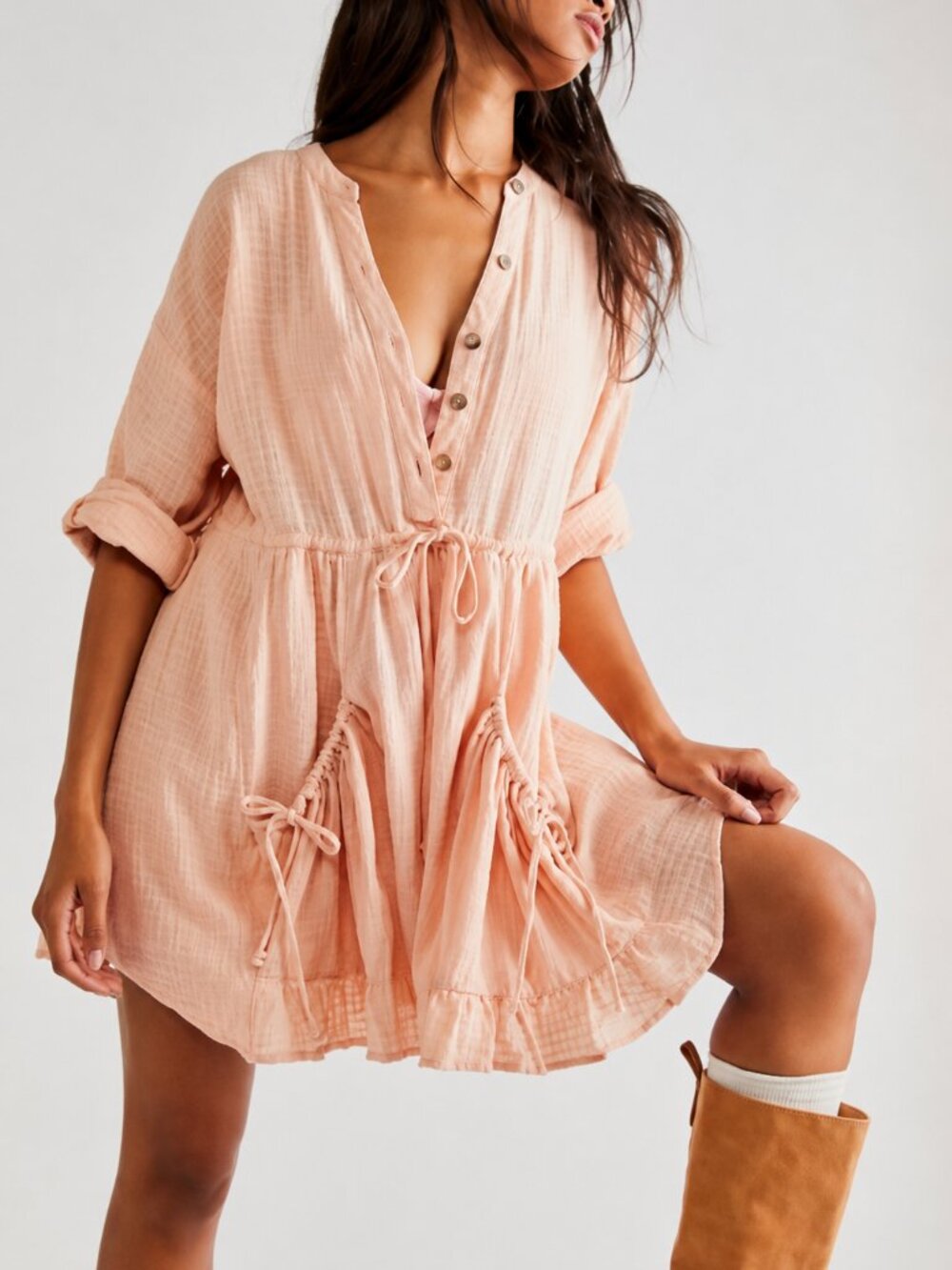 Free People Peach Gauze Boho Tunic Mini Dress nwt XS Drawstring Long Sleeve